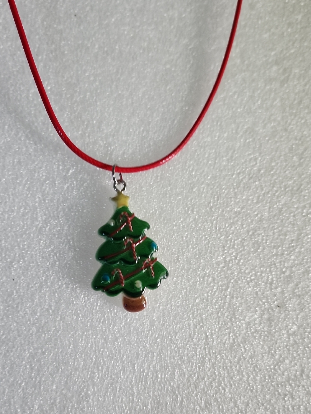 Hand Crafted Green and Red Christmas Tree Necklace